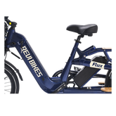 flux cargo ebike powered by a 48V 15Ah removable Samsung lithium battery that lasts up to 55miles. The second battery is available in 10ah and 15ah two options