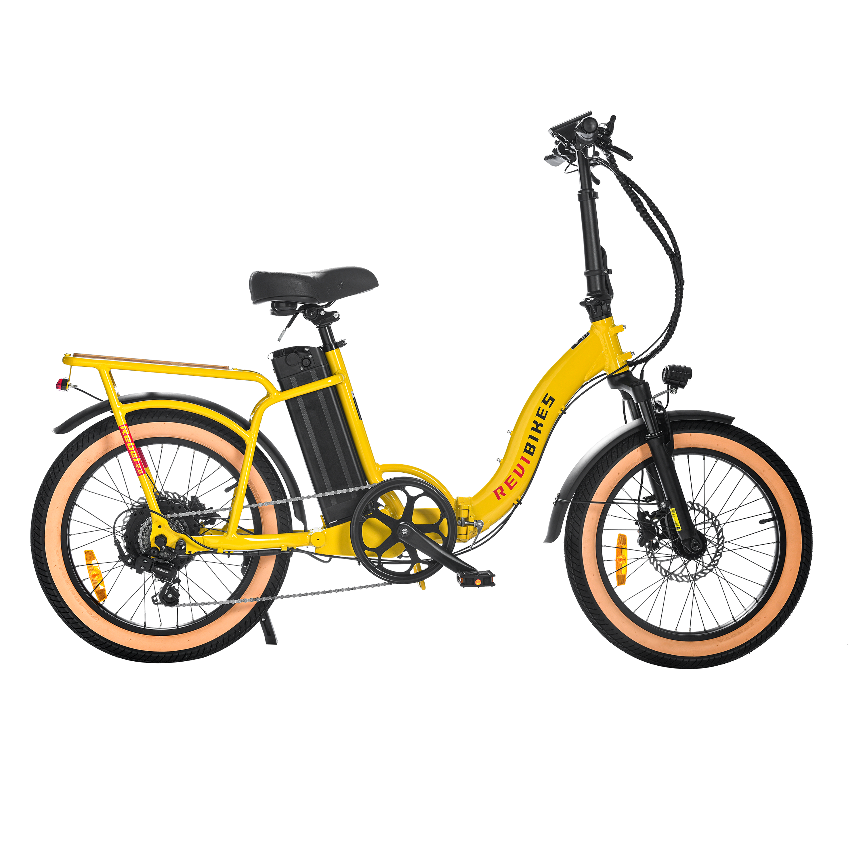 Revibikes 20" yellow ebike women's folding electric bike compact utility ebike foldable fat tire affordable ebikes ladies throttle electric bicycle commuter step through ebike 48V 750W 15ah folding electric bike for adults fold up ebike for short ladies under $1000 best pedal assist bike urban ebikes folding 20"ebike vtuvia sf20 foldable electric bike folding fat tire wiht removable battery