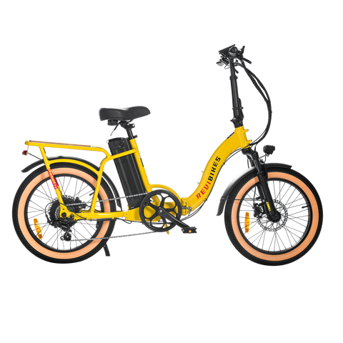 Revibikes 20" yellow ebike women's folding electric bike compact utility ebike foldable fat tire affordable ebikes ladies throttle electric bicycle commuter step through ebike 48V 750W 15ah folding electric bike for adults fold up ebike for short ladies under $1000 best pedal assist bike urban ebikes folding 20"ebike vtuvia sf20 foldable electric bike folding fat tire wiht removable battery