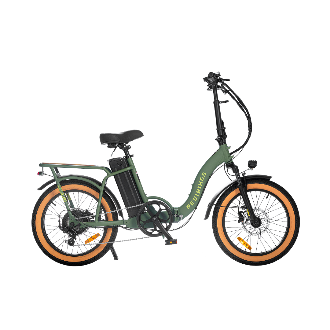 Revibikes 20" army green ebike women's folding electric bike compact utility ebike foldable fat tire affordable ebikes ladies throttle electric bicycle commuter step through ebike 48V 750W 15ah folding electric bike for adults fold up ebike for short ladies under $1000 best pedal assist bike urban ebikes folding 20"ebike vtuvia sf20 foldable electric bike folding fat tire wiht removable battery